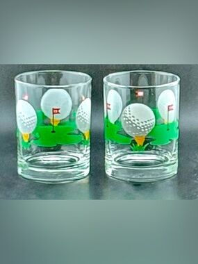 2 Morgan Designs Golf Ball Green Lowball Rocks 14oz Glasses